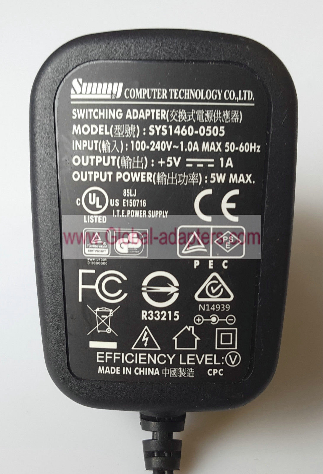 NEW SUNNY SYS1460-0505 5V 1.0A AC/DC SWITCHING POWER SUPPLY ADAPTER